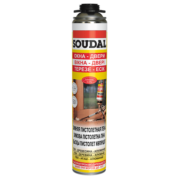 Монтажная пена Soudal Желтая 50 л, зимняя пистолетная